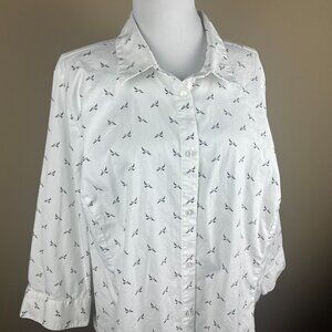 Liz Claiborne Career 3/4 Sleeve Blouse Plus Size 1X White Black, Bird Pattern